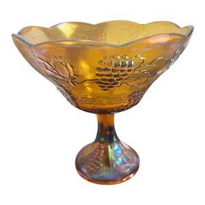 Vintage Amber Carnival Glass Compote With Grape & Vine Pattern Bowl